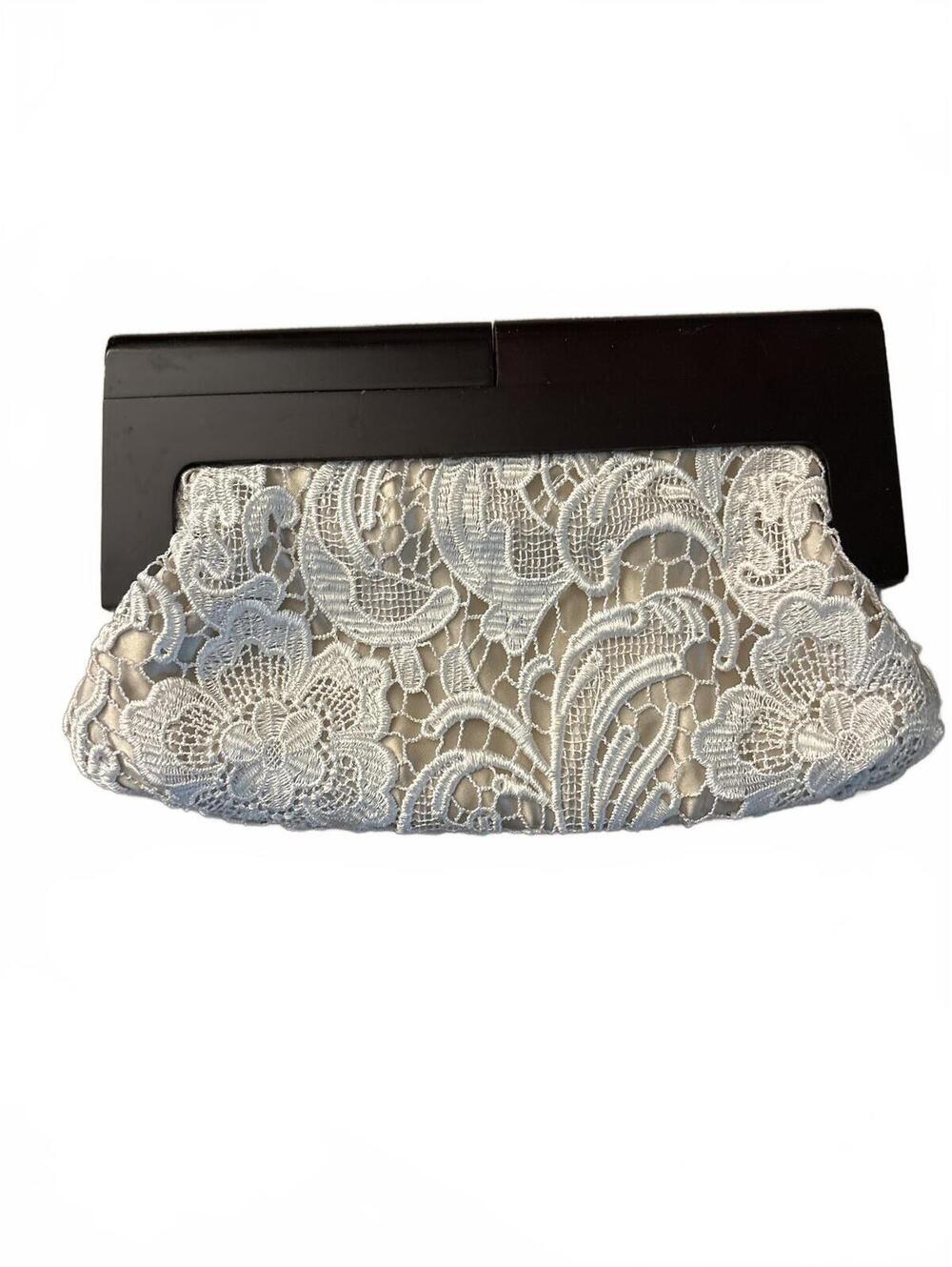Vintage White Lace Clutch Purse with Wooden Frame